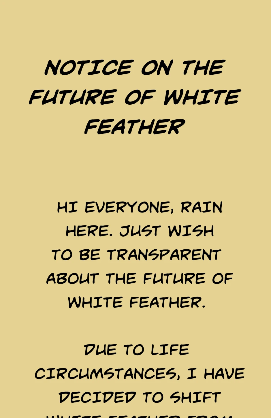 Notice on the future of White Feather, page 1
